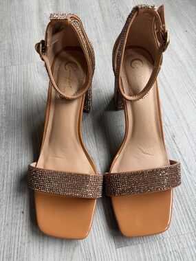 Rhinestone Block Heel Sandals Ankle Strap Brown
Nude Sparkly Dress Heels size 7